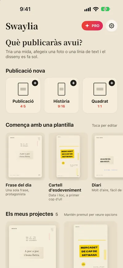 Swaylia: Dissenya publicacions — Tria una mida, afegeix una foto o una línia de text i el disseny es fa sol.