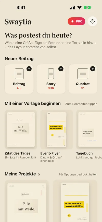 Swaylia: Auto-Layout für Posts — Wähle eine Größe, füge ein Foto oder eine Textzeile hinzu – das Layout entsteht von selbst.