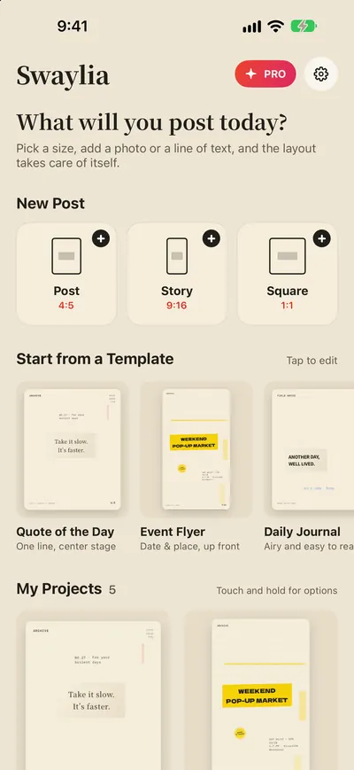Swaylia: Auto Post Designer — Pick a size, add a photo or a line of text, and the layout takes care of itself.