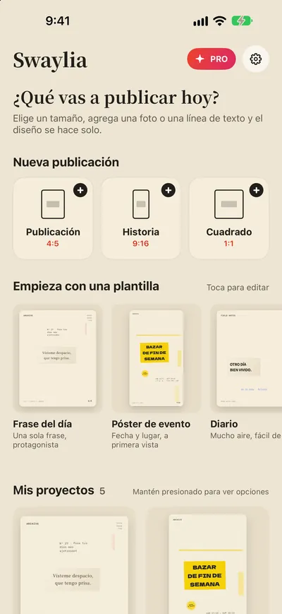 Swaylia: Diseña tus posts — Elige un tamaño, agrega una foto o una línea de texto y el diseño se hace solo.