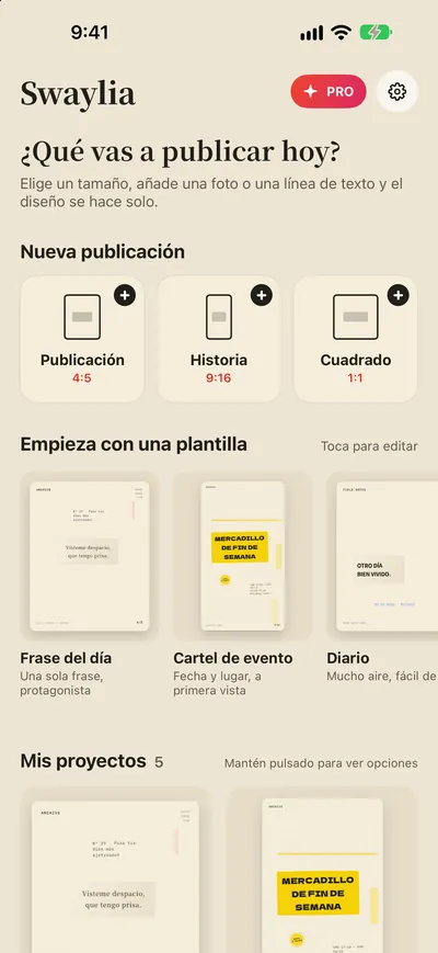 Swaylia: Diseña tus posts — Elige un tamaño, añade una foto o una línea de texto y el diseño se hace solo.