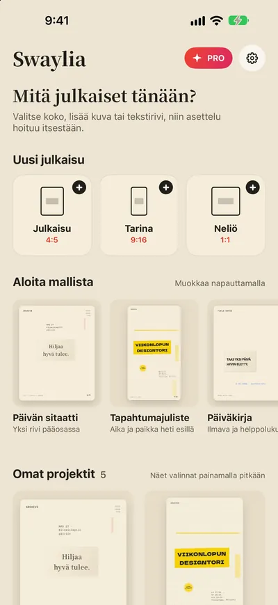 Swaylia: Somejulkaisut — Valitse koko, lisää kuva tai tekstirivi, niin asettelu hoituu itsestään.