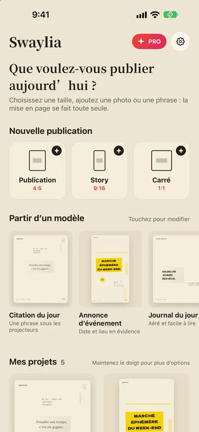 Swaylia : Mise en page auto — Choisissez une taille, ajoutez une photo ou une phrase : la mise en page se fait toute seule.