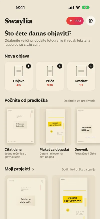 Swaylia: dizajner objava — Odaberite veličinu, dodajte fotografiju ili redak teksta, a raspored se slaže sam.