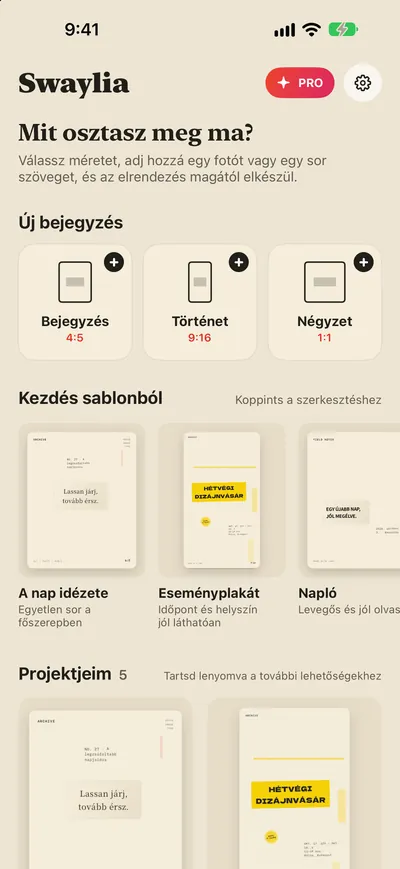 Swaylia: Bejegyzéstervező — Válassz méretet, adj hozzá egy fotót vagy egy sor szöveget, és az elrendezés magától elkészül.