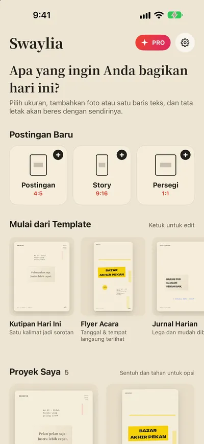 Swaylia: Desain Post Otomatis — Pilih ukuran, tambahkan foto atau satu baris teks, dan tata letak akan beres dengan sendirinya.