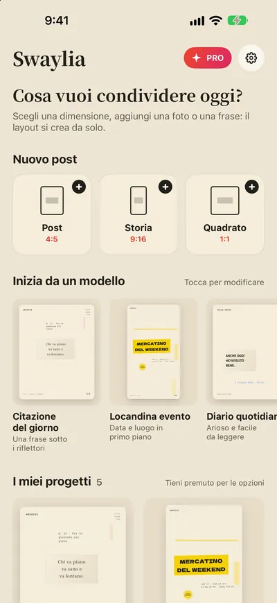 Swaylia: Layout automatico — Scegli una dimensione, aggiungi una foto o una frase: il layout si crea da solo.