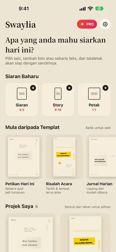 Swaylia: Pereka Siaran Auto — Pilih saiz, tambah foto atau sebaris teks, dan tataletak akan siap dengan sendirinya.
