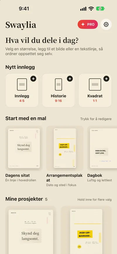 Swaylia: Innleggsdesigner — Velg en størrelse, legg til et bilde eller en tekstlinje, så ordner oppsettet seg selv.
