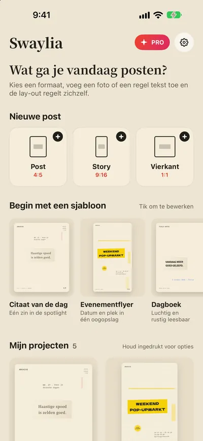 Swaylia: Posts & stories maken — Kies een formaat, voeg een foto of een regel tekst toe en de lay-out regelt zichzelf.