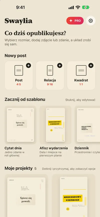 Swaylia: Projektant postów — Wybierz rozmiar, dodaj zdjęcie lub zdanie, a układ zrobi się sam.