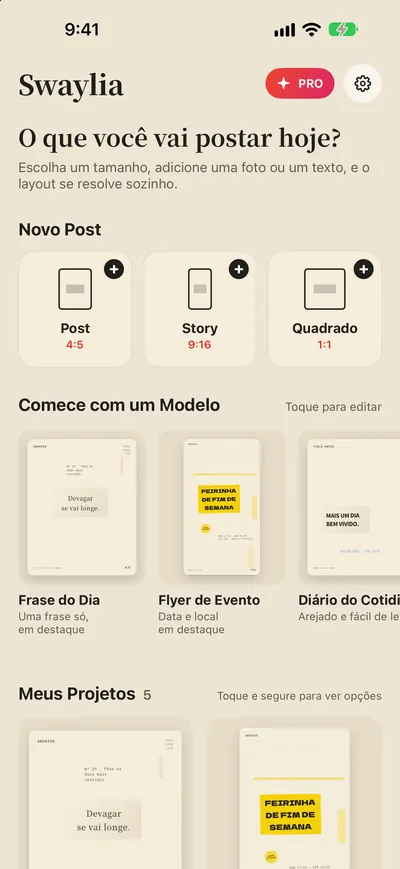 Swaylia: Criador de Posts — Escolha um tamanho, adicione uma foto ou um texto, e o layout se resolve sozinho.