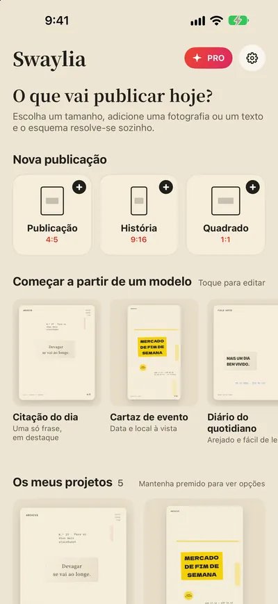 Swaylia: Design de publicações — Escolha um tamanho, adicione uma fotografia ou um texto e o esquema resolve-se sozinho.