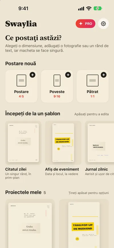 Swaylia: designer de postări — Alegeți o dimensiune, adăugați o fotografie sau un rând de text, iar macheta se face singură.