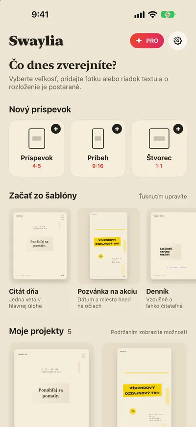 Swaylia: Dizajnér príspevkov — Vyberte veľkosť, pridajte fotku alebo riadok textu a o rozloženie je postarané.