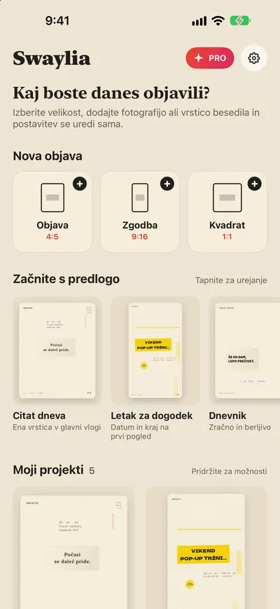 Swaylia: oblikovalec objav — Izberite velikost, dodajte fotografijo ali vrstico besedila in postavitev se uredi sama.