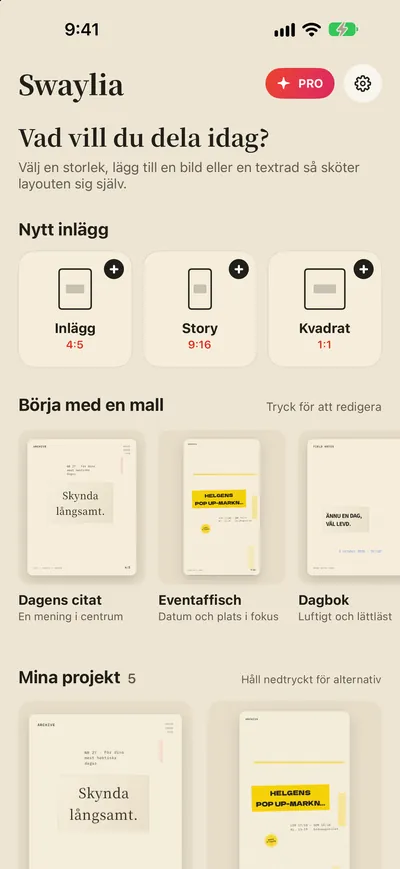 Swaylia: Inlägg & stories — Välj en storlek, lägg till en bild eller en textrad så sköter layouten sig själv.