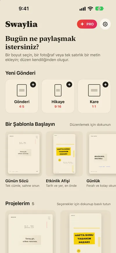 Swaylia: Gönderi Tasarımı — Bir boyut seçin, bir fotoğraf veya tek satırlık bir metin ekleyin; düzen kendiliğinden oluşur.
