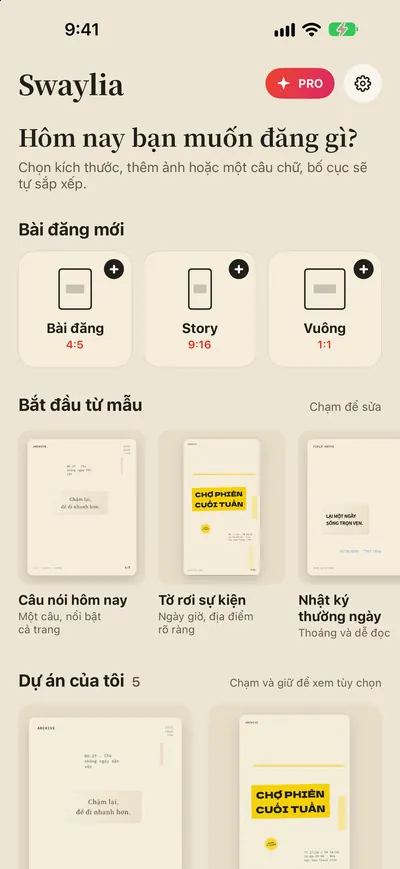 Swaylia: Thiết kế bài đăng — Chọn kích thước, thêm ảnh hoặc một câu chữ, bố cục sẽ tự sắp xếp.